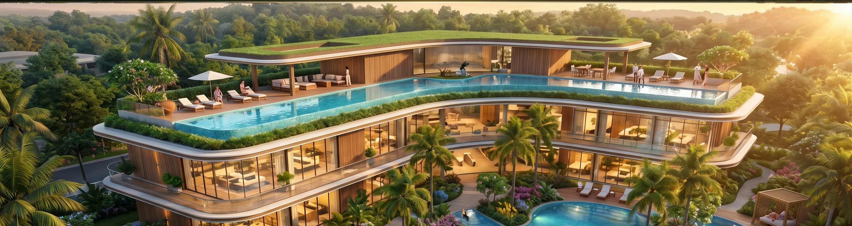Lagoon-style resort clubhouse and pool at Vasudha Grand