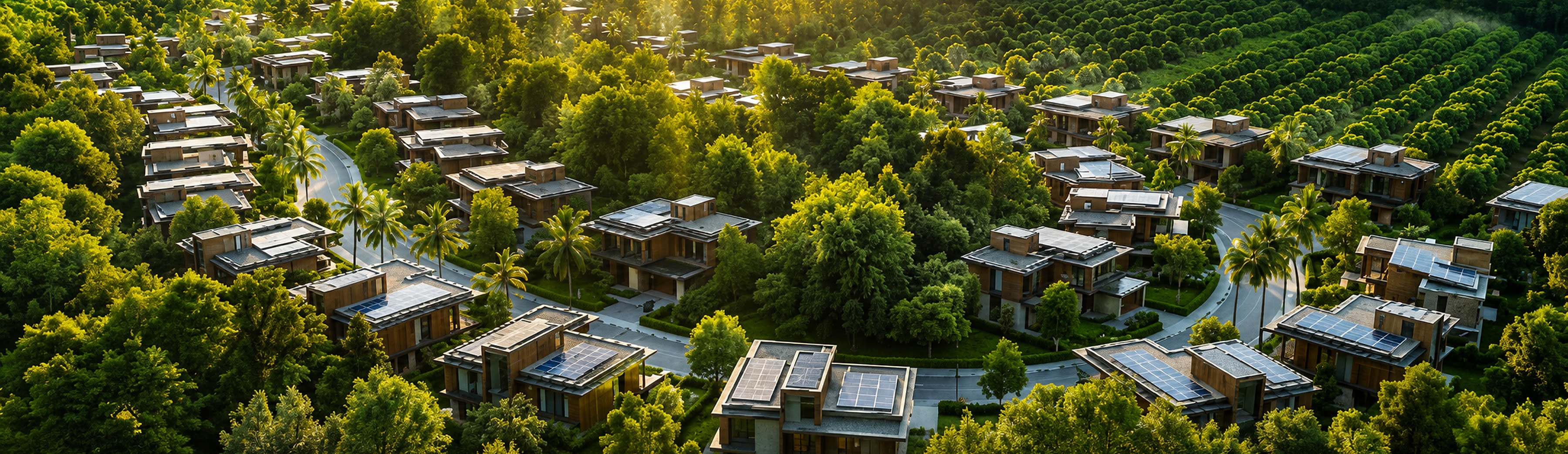 Aerial view of Vasudha Grand forest villas surrounded by dense greenery